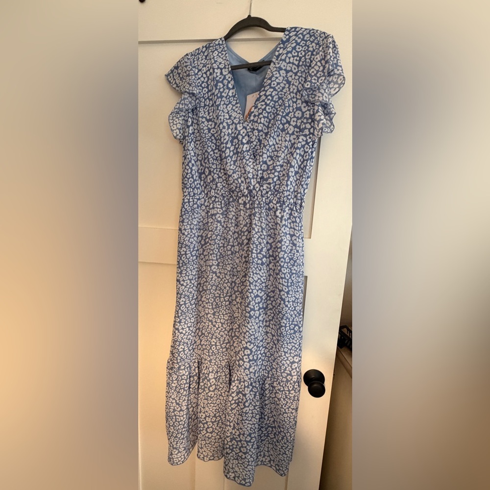 Blue Floral Maxi Dress with Ruffle Sleeves